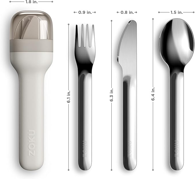 ZOKU Pocket Utensil Set, Grey - Stainless Steel Fork, Knife, and Spoon Nest in Case - Portable Design for Travel, School, Work, Picnics, Camping and Outdoor Home Use