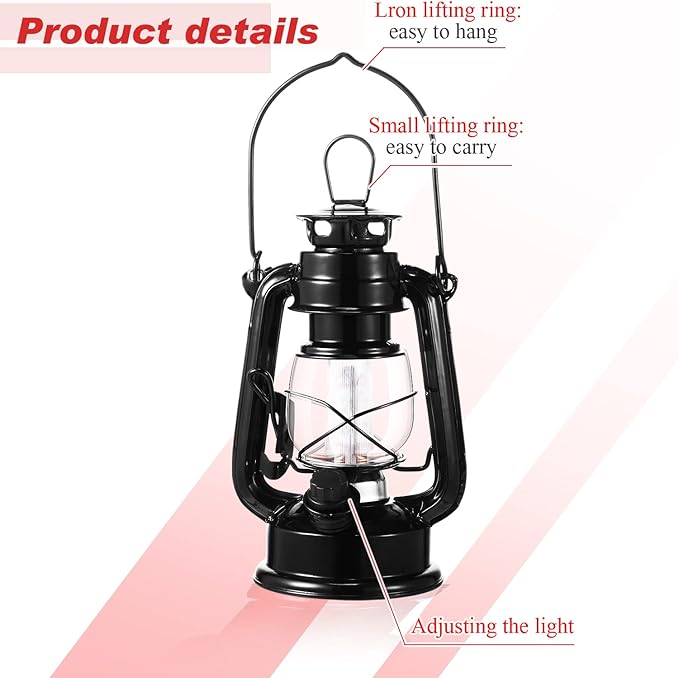 Hortsun 2 Pcs 8 Inch Vintage LED Hurricane Lantern Metal Black Outdoor Battery Operated Hanging Lantern with Warm LEDs and Dimmer Switch for Indoor Rustic Farmhouse Country Camping Decor