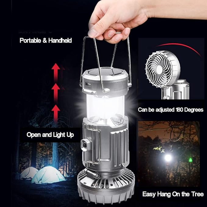 SupBri Solar Camping Lantern with Fan,Rechargeable Camping Fans Charging for Phone, Battery Operated Light for Hurricane Power Outage Tent Emergency Camping Gear Must Haves