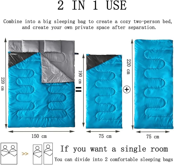 Tuphen Double Sleeping Bag, Sleeping Bag with 2 Pillows, Queen Size XL Bag for 2 People, Cold Warm Weather- 3 Seasons, Waterproof Adults for Camping, Backpacking or Hiking