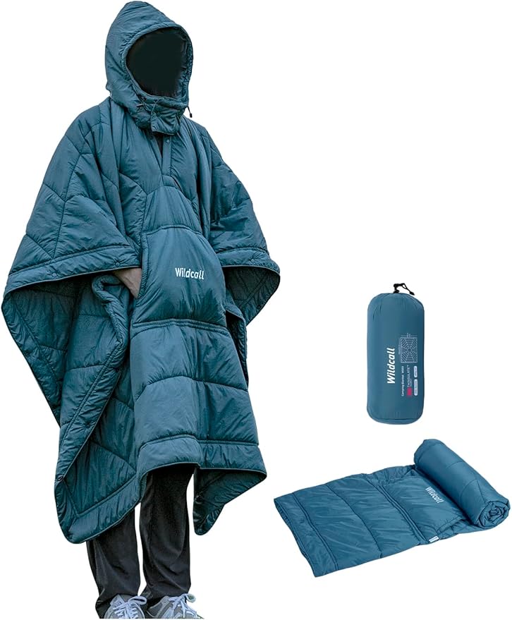 WildCall Hooded Camping Blanket with 3M Thinsulate Insulation Wearable Poncho Blanket Ultralight Foldable Quilt Sleeping Bag for Outdoor, Hiking, Stadium
