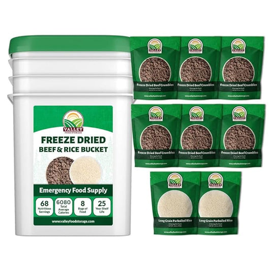 Valley Food Storage Freeze Dried Beef & Rice | 68 Serving Emergency Food Supply, 924g Protein | Non-GMO Survival Meals with 25 Year Shelf Life | Long Term Food Storage, Camping & Prepper Supplies