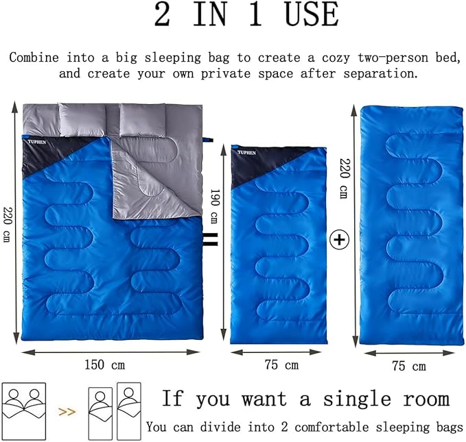 Tuphen Double Sleeping Bag, Sleeping Bag with 2 Pillows, Queen Size XL Bag for 2 People, Cold Warm Weather- 3 Seasons, Waterproof Adults for Camping, Backpacking or Hiking