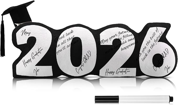 Beeveer Class of 2026 Autograph Stuffed Pillow 15.7" Graduation Autograph Stuffed Pillow Graduation Guest Signature Gifts Grad Party Sign in Decor for High School College(Black,Classic)