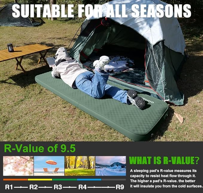 NYECHTO Self Inflating Sleeping Pad for Camping, 4" Extra-Thick Memory Foam Camping Mattress with Electric Pump, Fast Inflate & Deflate,9.5 R-Value Insulated Camping Pad for Car Travel Tent Cot, Green