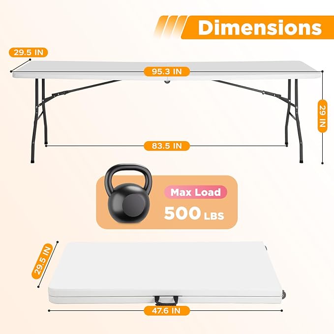 FDW 8FT Folding Table, Portable Fold-in-Half Plastic Picnic Party Table with Carrying Handle (White, 8FT)