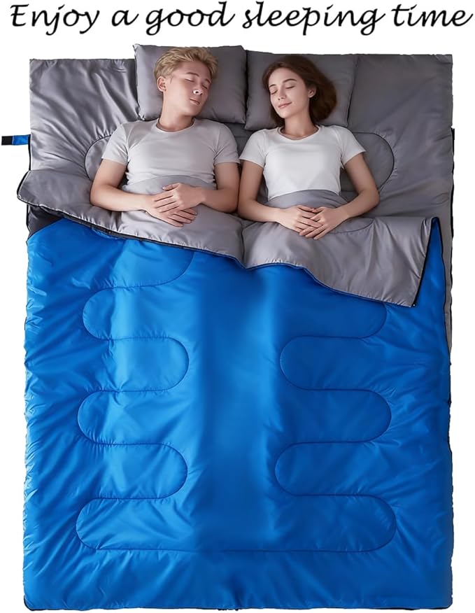 Tuphen Double Sleeping Bag, Sleeping Bag with 2 Pillows, Queen Size XL Bag for 2 People, Cold Warm Weather- 3 Seasons, Waterproof Adults for Camping, Backpacking or Hiking