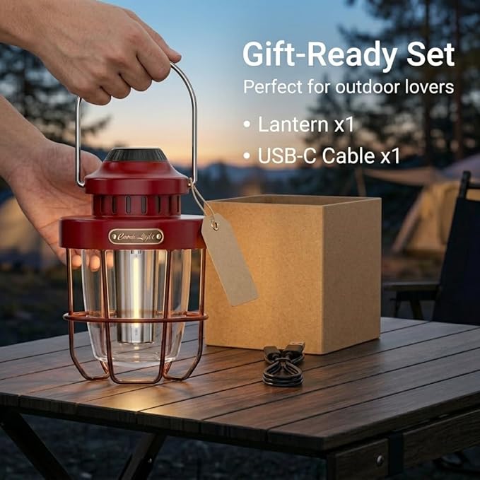 HOMY Vintage Camping Lantern Premium Metal LED Rechargeable Dimmable Warm Light for Glamping, Patio, Home Decor Retro Portable Tent Lamp