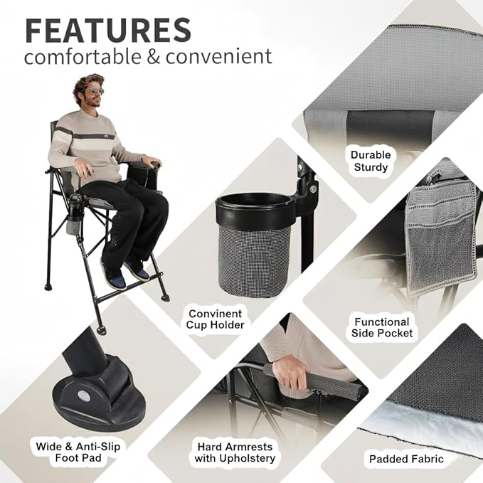 LANMONTAIN 2 Pack Tall Folding Camping Chairs,30.7'' Seat Height Portable Hard Arm Bar Chairs w/Cup Holder,Side Mesh Pocket and Footrest,Heavy Duty Support 350 Lbs Comfy Director Chairs,Black&Grey