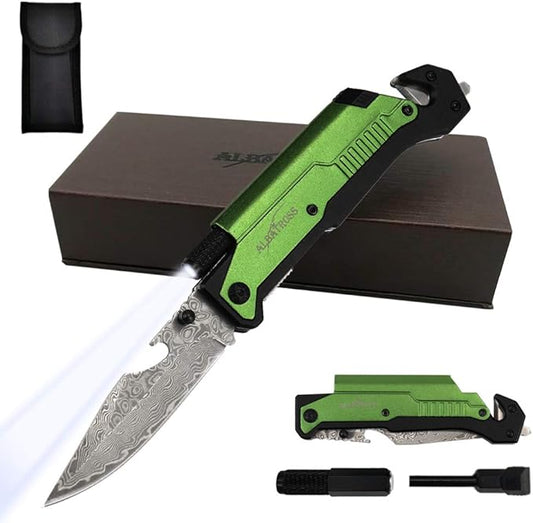 ALBATROSS 6-in-1 Modern Damascus Steel Folding Pocket Knives with LED Light,Seatbelt Cutter,Glass Breaker,Magnesium Fire Starter,Bottle Opener;Multi-Function Emergency Tool(Green-DA)