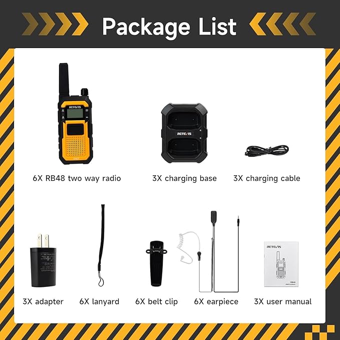Retevis RB48 Heavy Duty Walkie Talkies with Earpiece, Support VOX, MIL-STD 810H,IP67 Waterproof Walkie Talkies Rechargeable, USB-C, 2000mAh, Dual PTT, Business 2 Way Radios(6 Pack)