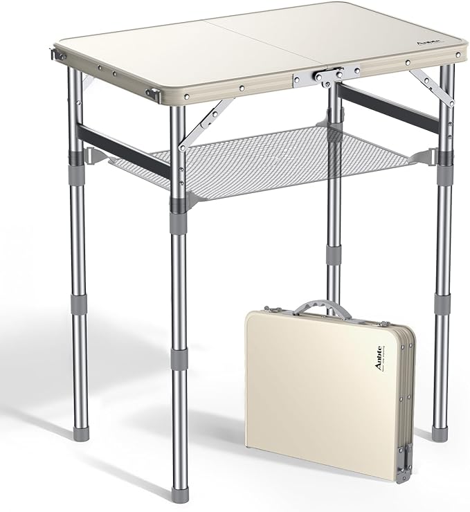 Anbte 2ft Small Plastic Folding Table, Waterproof 3 Adjustable Height Portable Camping Table with Storage Net, Flat Tabletop, for Picnic Indoor Outdoor Travel Beach Patio, 22.8" X 15.7", White