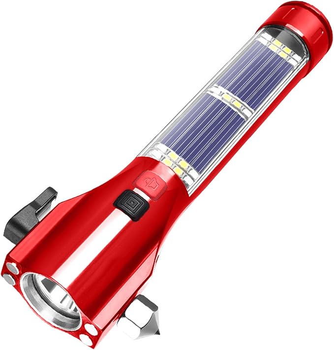 Car Glass Breaker Hammer with Flashlight, Multi-Function Rechargeable Emergency Escape tools with Window Breaker and Seatbelt Cutters,Bright Solar Torch， RescueAlarm Rescue, Strobe SOS Beacon