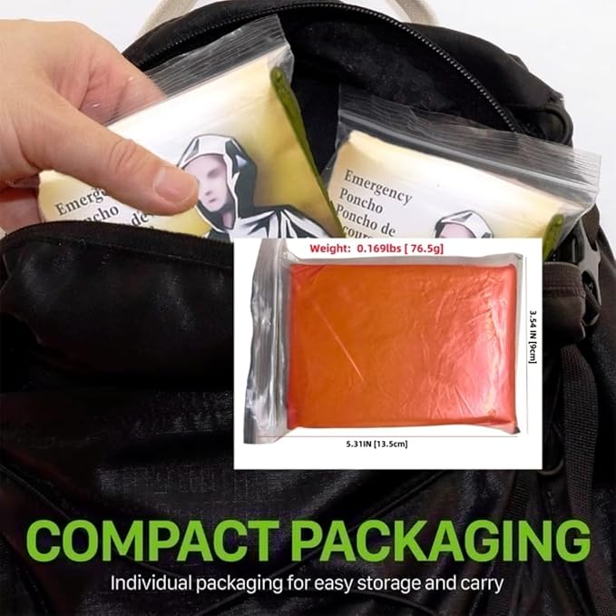 Emergency Poncho with Mylar Blanket Liner for Survival Gear, Waterproof, Wind-Resistant Green Rain Poncho for Outdoors, Camping, and Car Emergency Kits - Thermal Poncho - 4 Pack (Orange)
