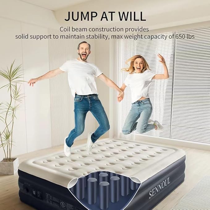 SENNOUL Air Mattress Queen with Built in Pump, Inflatable Mattress Blow Up Mattress 16 Raised Comfort,Upgraded Surface Portable Bed, Air Bed for Home, Guest, Camping, Colchone Inflable, 650 lbs