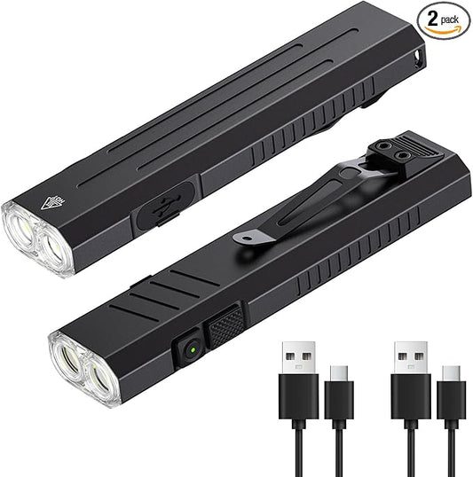 2pack Rechargeable EDC Flashlight - Emergency One Click Strobe Mode, 1600 High Lumens Portable Pocket light Mini Flashlight , Magnetic Small EDC Slim Flat Flashlight for Working Camping Repairing