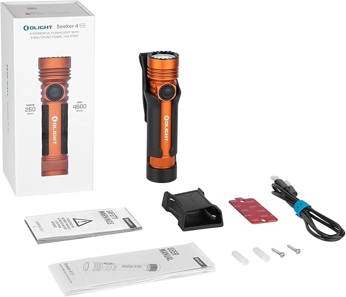 OLIGHT Seeker 4 Pro Rechargeable Flashlights, 4600 Lumens High Powerful Bright Light with USB C Holster, Waterproof IPX8 for Emergencies, Camping, Searching (Orange Cool White)