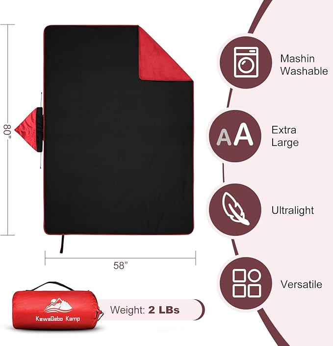 Fleece Waterproof Outdoor Blanket - Windproof Stadium Blanket for Camping, Picnics, and Sports Stay Dry and Comfortable 80"x 58"(Hoodeed, Red)