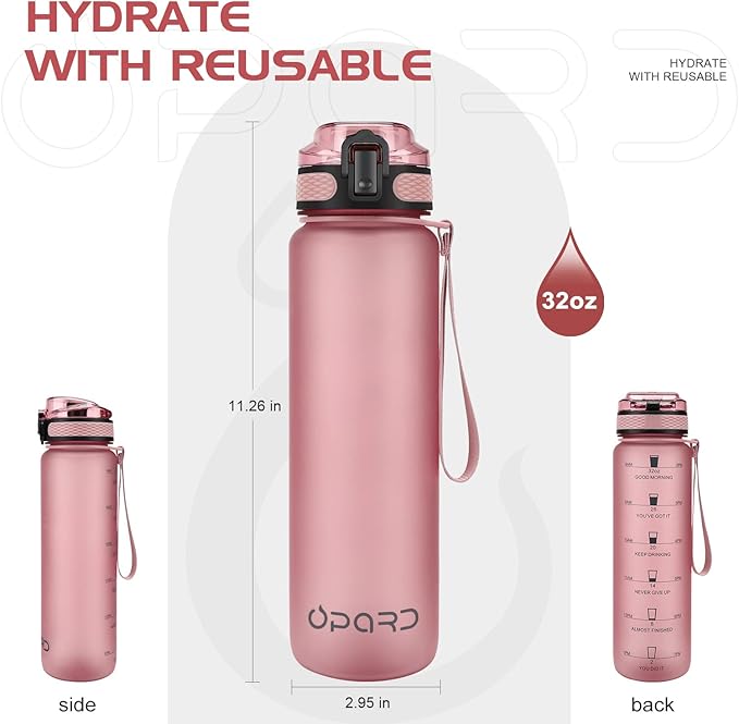 Opard Zip 32oz Plastic Water Bottle Dishwasher Safe, Leakproof Flip-Top Lid, BPA Free Tritan, Wide Mouth Reusable Sports Water Bottle for Gym Hiking Commuting Outdoor Travel and School