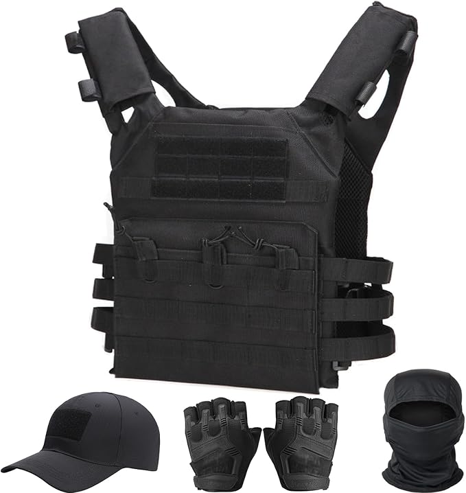VPZenar Tactical Vest for Men, Airsoft Vest, Black Molle Vest and Cap Protective Equipment, Tactical Airsoft Gear