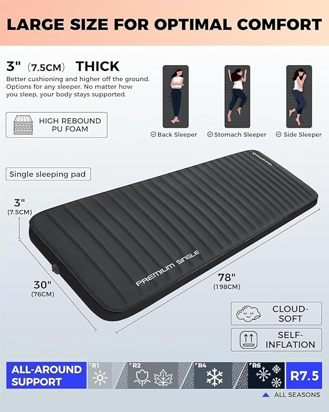 KingCamp PREMIUM SINGLE Self Inflating Sleeping Pad, 7.5 R-Value Air & Foam Camping Mattress, 3" Thick Insulated Sleeping Pad with Pump Sack for Car Camp Tent, PVC Free, Single Black