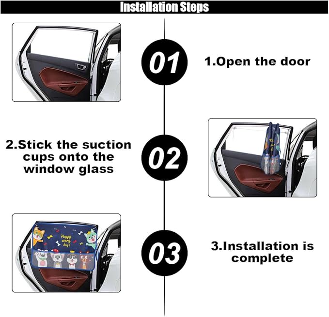 Car Window Shade for Baby, Blackout Car Window Curtain with Storage Pockets & 7 Suction Cups, Cartoon Pattern Cars Side Window Sun Shade Cover for Sun/Heat/UV Rays Protection (Blue-Cute Dogs)