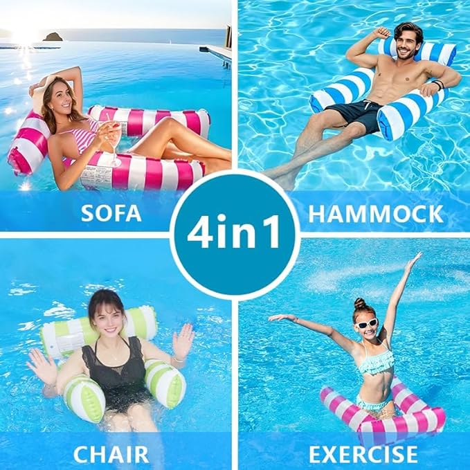 Pool Floats Adult, 4-in-1 Inflatable Water Hammock, 3 Tubes Inflatable Hammock for Adults, Portable Floating Chair Bed, Pool Floaties Toys for Adults Vacation Fun and Rest, Free Inflatable Pump