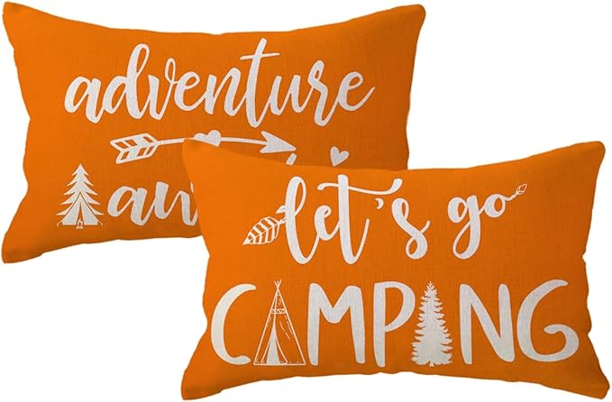 Adventure Camper Decorative Lumbar Pillowcase Double-sided Let’s Go Camping/Adventure Awaits Throw Pillow Covers Cabin/Camper Cushion Covers 12x20,2Pack for Sofa/Couch/Porch (Orange)