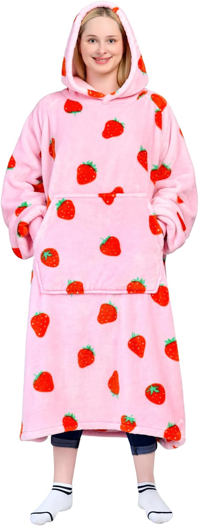 Waitu Wearable Blanket Sweatshirt Gifts for Women and Men, Warm and Cozy Giant Blanket Hoodie, Thick Flannel Blanket with Sleeves and Giant Pocket - Strawberry Pink