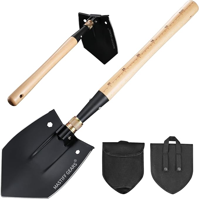 MASTIFF GEARS WWII M38 Military Style Folding Shovel - 1050 Steel, Nordic Beechwood Handle, Axe/Hammer, MOLLE Sheath for Camping Emergency (Berserker's Fist)