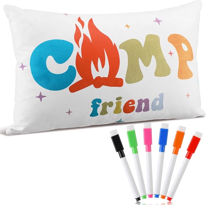 Beeveer Camp Friends Autograph Stuffed Pillow 15.7" Graduation Autograph Stuffed Pillow Summer Camp Signature Gifts Grad Party Sign in Decor for Travel Stuff Essentials(Groovy)