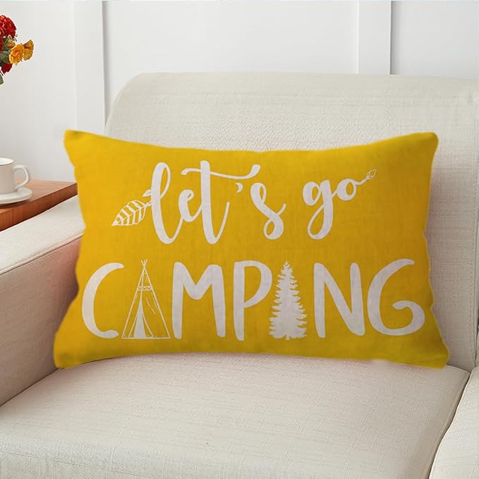 Adventure Camper Decorative Lumbar Pillowcase Double-sided Let’s Go Camping/Adventure Awaits Throw Pillow Covers Cabin/Camper Cushion Covers 12x20,2Pack for Sofa/Couch/Porch (Yellow)