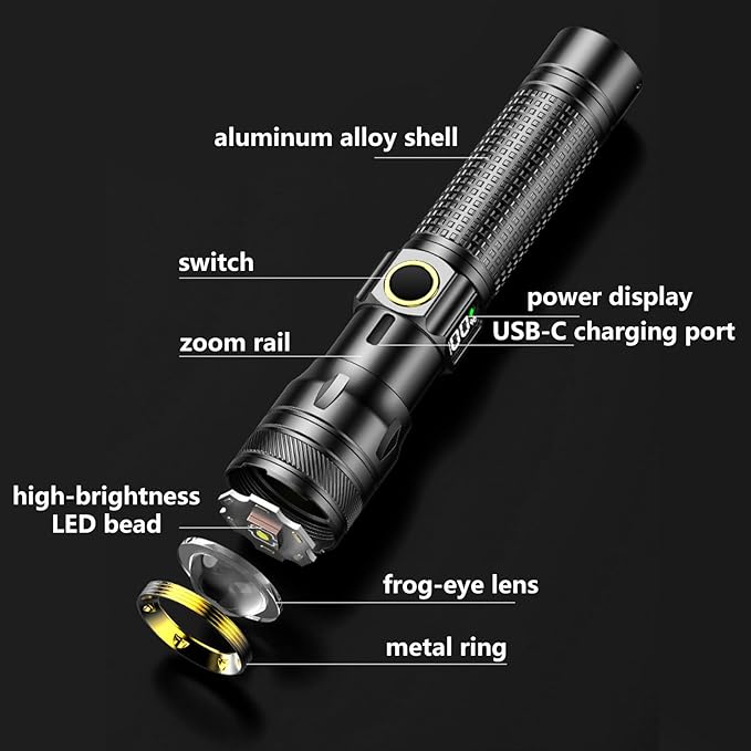 Gotellx Rechargeable LED Flashlights with Digital Power Display, Zoomable High Lumens Bright EDC Flashlight with USB C Charging Port for Home and Outdoor Emergency, Camping Essentials, Survival Gear