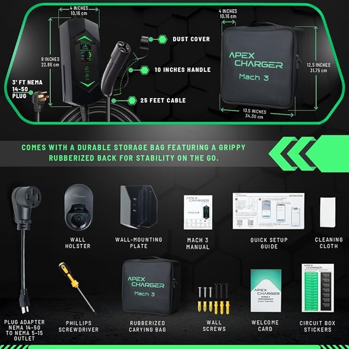 MACH 3 Fast 40 Amp Level 1&2 Portable EV Charger, NACS Connector Electric Vehicle Charging Station, 120-240V NEMA 14-50 w/ 5-15 Adapter. Outdoor EVSE, 25ft Cable with Holder