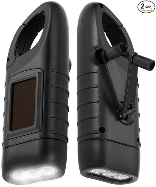 Simpeak 2-Pack Hand Crank Solar Powered LED Flashlight, Emergency Survival Flashlight with Dynamo Torch for Outdoor Sports, Black