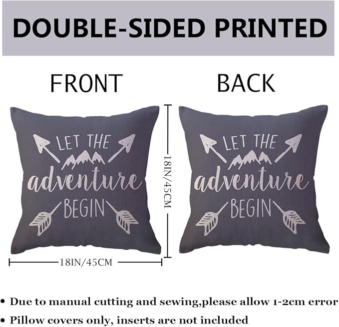 ULOVE LOVE YOURSELF Adventure Arrow Throw Pillow Covers Mountain Forest Pillowcases 18 x 18 Inch Let The Adventure Begin Decorative Cushion Covers for Cabin/Camper (Grey)
