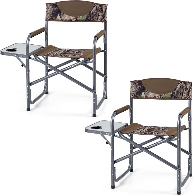 COSTWAY Folding Camping Chair, Lightweight Portable Directors Chair w/Side Table & Cup Holder, Padded Outdoor Heavy Duty Lawn Chair for Fishing, Picnic, Sports, Beach, Max Load 400 lbs (Camouflage,2)