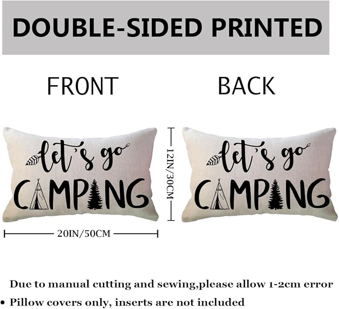 Adventure Camper Decorative Lumbar Pillowcase Double-sided Let’s Go Camping/Adventure Awaits Throw Pillow Covers Cabin/Camper Cushion Covers 12x20,2Pack for Sofa/Couch/Porch (Beige)