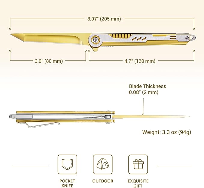 FUNBRO Cool Pocket Knife Gifts for Men, EDC Tanto Blade Folding Knives with Clip, Flipper Open Survival Knife with Window Breaker and Liner Lock for Outdoor Camping (Gold)