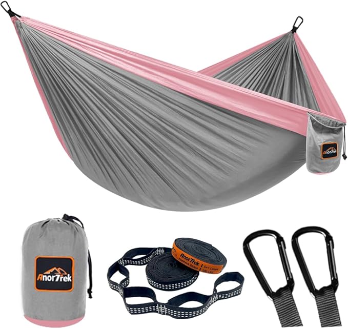 AnorTrek Camping Hammock, Super Lightweight Portable Parachute Hammock with Two Tree Straps Single or Double Nylon Travel Tree Hammocks for Camping Backpacking Hiking