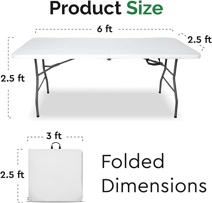 EconoHome 6ft Folding Table with Handle | Heavy-Duty Foldable Table | Portable Table for Indoor & Outdoor Use