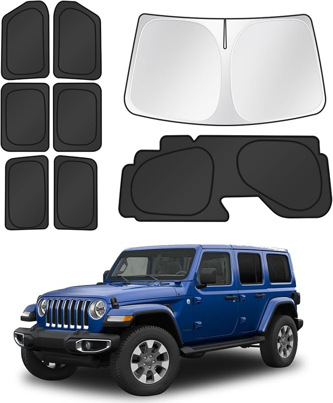 Canvcle Window Shades for 2018-2025 2026 Jeep Wrangler Accessories Windshield Sun Shade Side Rear Window Cover Sunshade Sun Visor Shield Privacy Protection for Camping Keep Vehicle Cool Black 8PCS