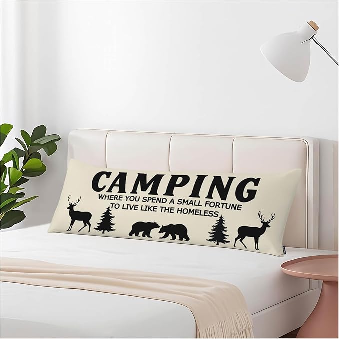 Funny Camping Body Pillow Cover Bear Deer Pine Trees Decorative Body Pillow Covers Long Pillow Cushion Case Zipper Body Pillowcase Soft Cushion Cover for Bedding,Couch,Home 20"X54"