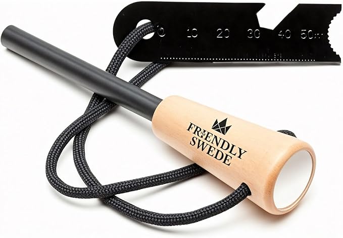 The Friendly Swede Ferro Rod Fire Starter Tool — Flint and Steel Fire Starter Survival Tool with Wooden Handle - Weatherproof Firestarter for Camping, Hiking & BBQs - Compact with Optimal Grip