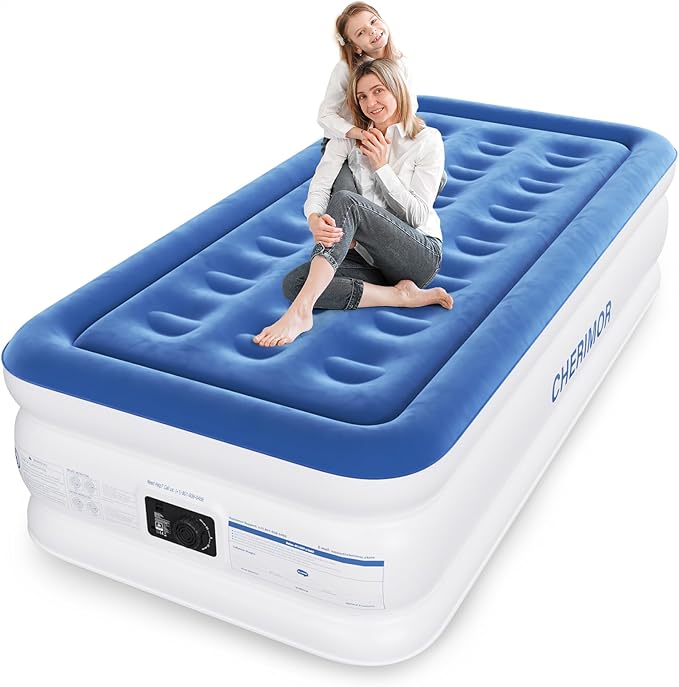 CHERIMOR Twin XL Air Mattress with Built-in Pump, 18" Raised Comfort, 80“ Length, 48Hr Leak-Proof Test, Upgraded Honeycomb Pillar Design, Supports 500 lbs, 2-Min Inflation for Home Guests-Blue