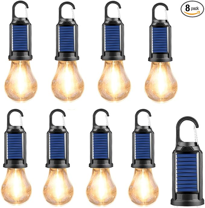 Solar Camping Lights Hooked Tent Lamp Hanging Outdoor Camp Small Rechargeable Bulb Lantern with Clip Hook 3 Lighting Modes for Hiking Backpacking Warm Light 8 Pack