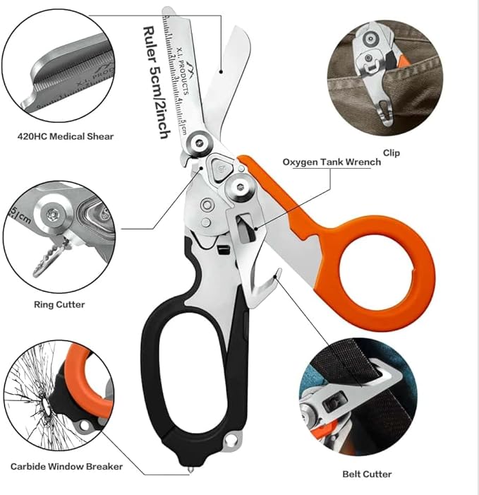 6 in 1 Multifunctional Trauma Shears Foldable with Strap Cutter | Heavy Duty Stainless Steel Emergency Response Shears | Survival Scissors With Holster | Medical Trauma Tactical | Black & Orange