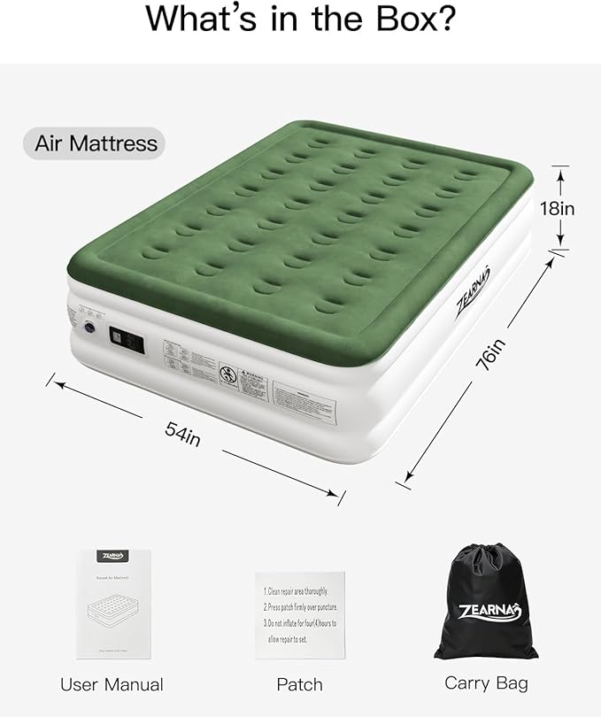 Zearna Full Size Air Mattress with Built in Pump, 18" Raised Comfort Air Bed, Upgraded Flocked Top Blow up Mattress with Carrying Bag, Inflatable Mattress for Guests & Home, AirBed, 650 lbs Max