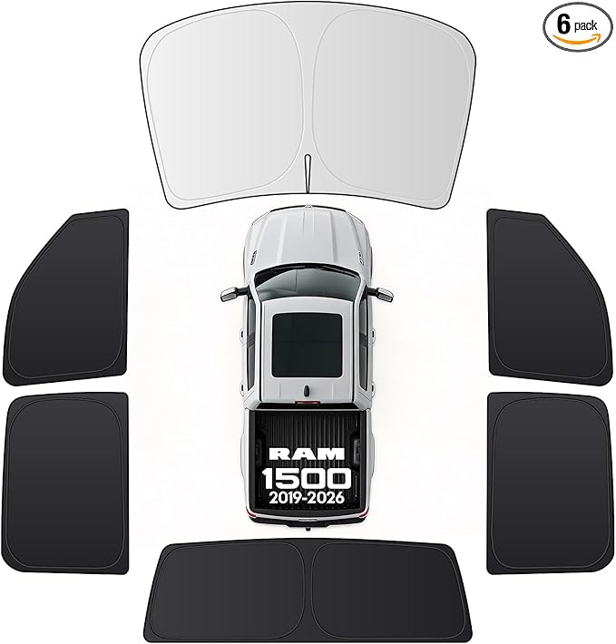 Wigoo 2026 Upgrade 6PCS Full Set Window Sunshade for Dodge Ram 1500 2019-2026 [7-Layer Cooler & Blacker, Ice-Crystal Tech] with Windshield for Sun Block, Baby, Camping, Privacy Napping, Relax