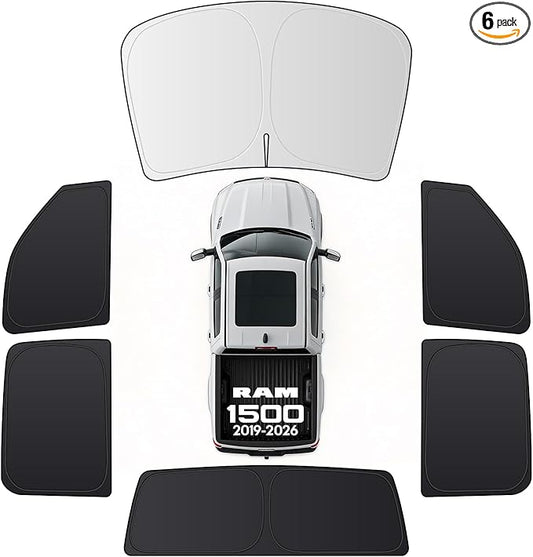 Wigoo 2026 Upgrade 6PCS Full Set Window Sunshade for Dodge Ram 1500 2019-2026 [7-Layer Cooler & Blacker, Ice-Crystal Tech] with Windshield for Sun Block, Baby, Camping, Privacy Napping, Relax